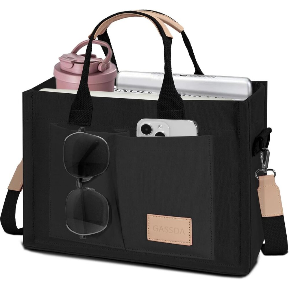 Women's Black Canvas Tote Pockets Handle Crossbody Shoulder Satchel Bag